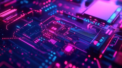 Poster - Abstract Neon Circuit Board Glowing Design