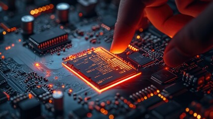 Poster - A finger touches a glowing computer processor chip