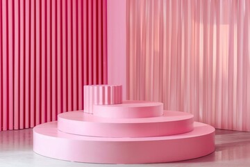 Poster - Pink round podium displaying products on minimalist background with curtains, perfect for showcasing beauty or fashion items