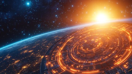 Poster - In a 3D format, big data and cybersecurity are portrayed. Neural networks link to stock market insights. Information waves interlock with a global database. An abstract technological environment is