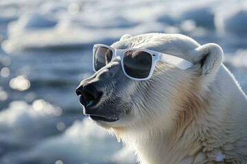 Wall Mural - polar bear wearing sunglasses in a sunny arctic environment, enjoying the warm weather