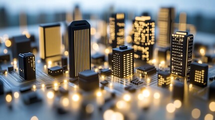 Poster - A detailed 3D illustration of cyber architecture highlighting nano and neuro technologies, internet structures, microchips, circuits, smart objects, quantum processors, and big data analysis