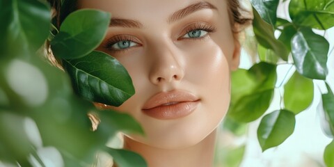 Wall Mural - Vibrant, fresh face of model with clear skin and radiant blue eyes