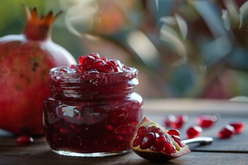 Wall Mural - Glass jar of pomegranate jam with fresh pomegranate seeds on a wooden table with blurred background