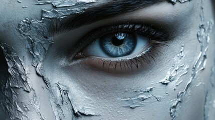 Wall Mural - Close-up Image of a Human Eye with Artistic Silver Face Paint Detailing Surrounding Skin, Highlighting Texture and Reflective Qualities of Makeup Application