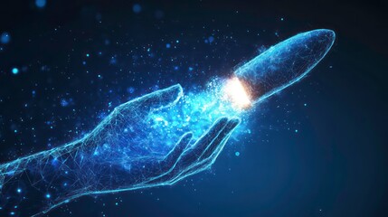 Poster - Abstract glowing hand holding a launching rocket.