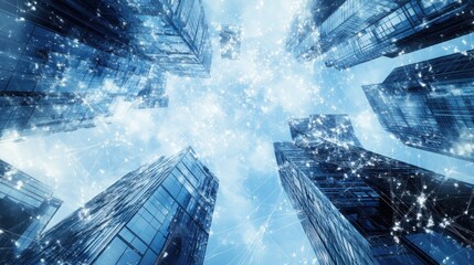 Aufkleber - Modern Skyscrapers Connected By Digital Network