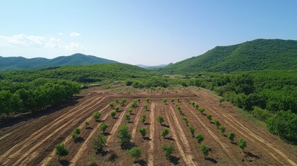 Poster - Young Trees Planted In Rows On Hillside Farm