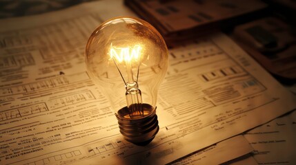 Aufkleber - Glowing lightbulb on vintage documents, symbolizing ideas and innovation.