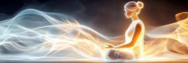 Poster - Golden Light Painting of a Luminous Bodhisattva Meditating Peacefully in Ethereal Smoke