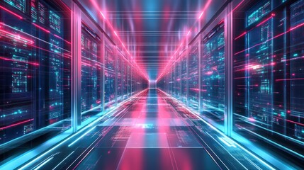 Poster - Neon Lit Server Room Corridor Showing Data Streams