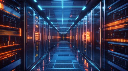 Poster - Illuminated Server Room Corridor Shows Advanced Technology