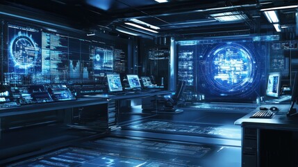 Poster - Futuristic Digital Command Center Workstation Room