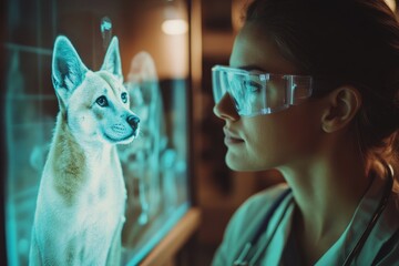 Poster - Woman observes an augmented reality display of a dog in a modern laboratory setting