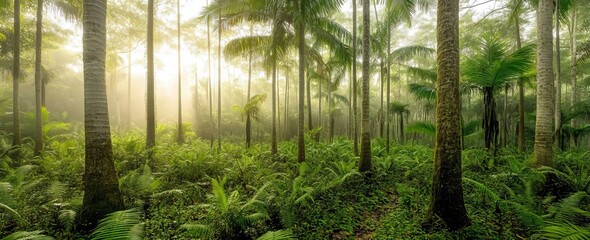 Wall Mural - Morning mist envelops the jungle, with palm trees shrouded in haze, depicted in a 3D rendering