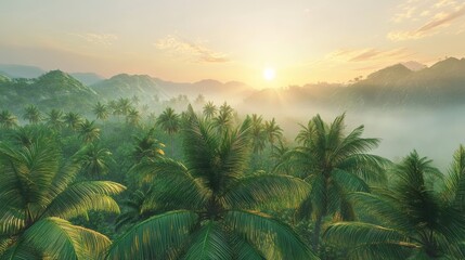 Wall Mural - Dense jungle veiled in fog, palm trees obscured by haze, dawn in the jungle