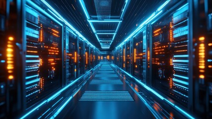 Poster - Futuristic Server Room Corridor With Neon Lights