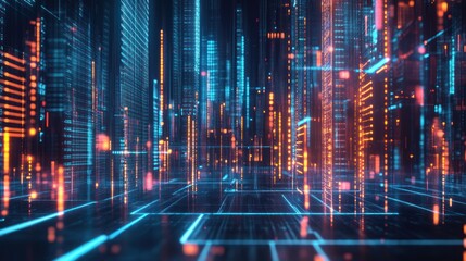 Poster - Abstract Digital Cityscape Illuminated By Neon Lights
