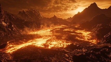Poster - Lava River Flows Through Volcanic Mountain Range Sunset