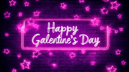 Sticker - A minimalistic neon-style illustration featuring the text 'Happy Galentine's Day' surrounded by glowing stars on a brick wall background