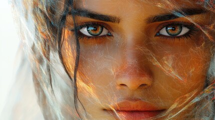 Poster - A captivating close-up shot of a person with intense eyes partially covered by sheer, textured fabric creating dynamic contrasts and intricate light patterns