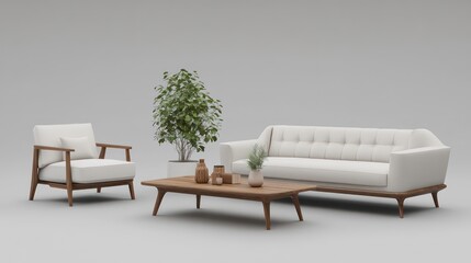 Poster - Modern living room interior with white sofa, armchair, coffee table, and potted plant.