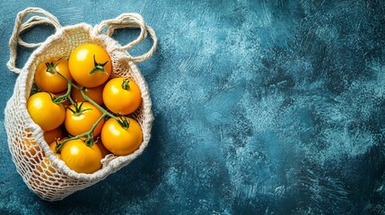 Sticker - Fresh yellow tomatoes in a knitted bag on a blue textured surface