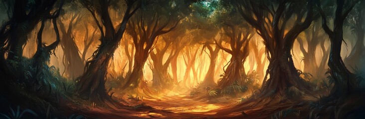 Wall Mural - In the early morning, the jungle comes alive with the sunrise, palm trees veiled in fog, as the sun's rays pierce through