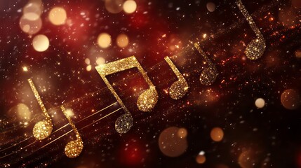 Poster - Sparkling golden musical notes on a red background with bokeh lights.
