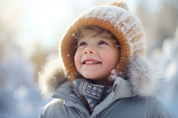 Wall Mural - Portrait of happy child smiling and playing in beautiful snowy winter wonderland