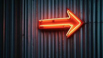Aufkleber - Glowing neon arrow sign on a corrugated metal wall, pointing right.