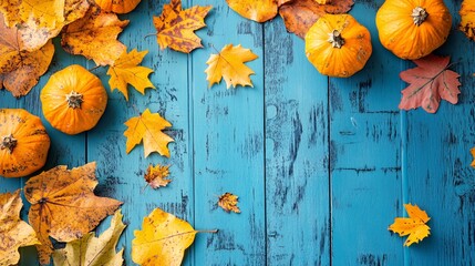 Wall Mural - Vibrant autumn leaves and pumpkins arranged artistically on a blue wooden surface