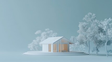 Poster - Minimalist white house model nestled amidst stylized trees on a light blue background.