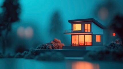 Poster - Modern house at night, illuminated windows, surrounded by trees and bushes.