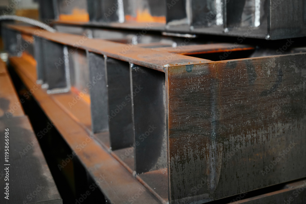 Image showcasing Welded fabrication made of beams stacked in plant warehouse Stock Photo ...