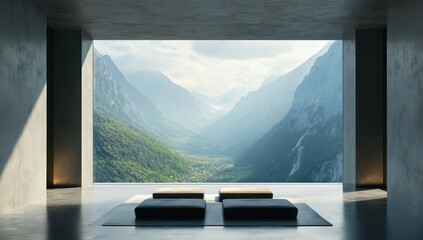 Minimalistic modern interior with scenic mountain view during daytime