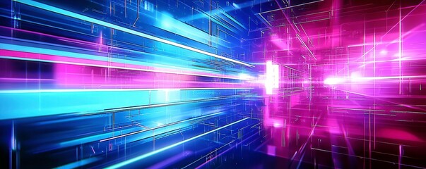Aufkleber - Dynamic Abstract Background with Neon Light Beams Creating a Futuristic Tech Visual Experience in Vibrant Blue and Pink Color Palette