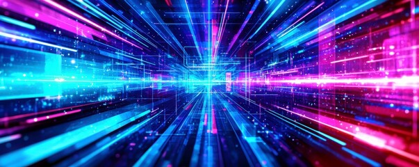 Poster - Vibrant Abstract Digital Background with Colorful Light Trails in Blue, Pink, and Purple for Technology and Science Concepts