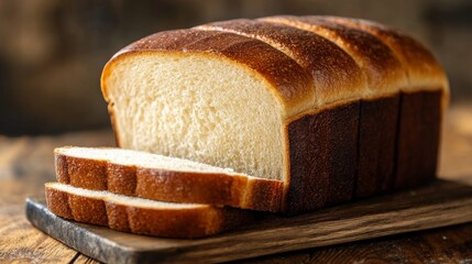 Sticker - A minimalistic stock photo of a freshly baked loaf of white bread with several slices cut, resting on a wooden board