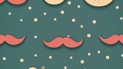 Poster - Teal background with repeating red mustaches and beige dots.