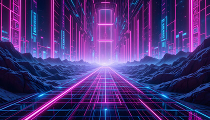 Wall Mural - futuristic digital landscape with neon light patterns and abstract cyber grid
