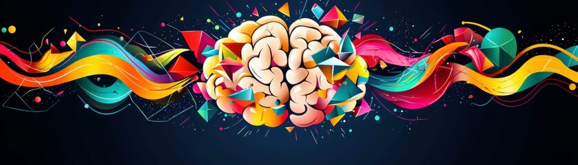 Poster - Vibrant Abstract Design Featuring Colorful Brain Illustration with Energetic Shapes and Dynamic Elements for Creative Conceptual Imagery