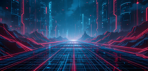 Wall Mural - futuristic digital landscape with neon light patterns and abstract cyber grid