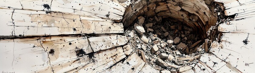 Poster - Abstract artwork depicting a deep hole surrounded by cracked earth and scattered stones, with intricate detailing and light tones emphasizing texture and depth