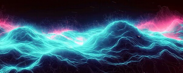Poster - Abstract digital waveforms in vibrant blue and pink colors create a mesmerizing visual of energy and movement across a dark background.
