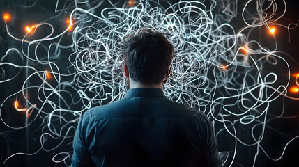 Complex Problem Solving Concept: Man Facing Tangled Thoughts Visualization for Creative Solution Finding