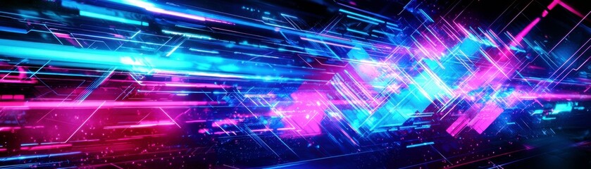 Poster - Abstract vibrant neon lines and shapes creating dynamic motion background in blue, pink and purple hues with a futuristic digital aesthetic and energy