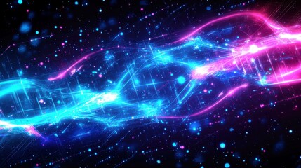 Poster - Vibrant Abstract Light Waves With Bright Pink and Blue Colors Against a Dark Background, Perfect for Technology or Creative Designs