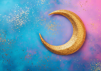 Wall Mural - A gold crescent moon is on a blue background with glitter