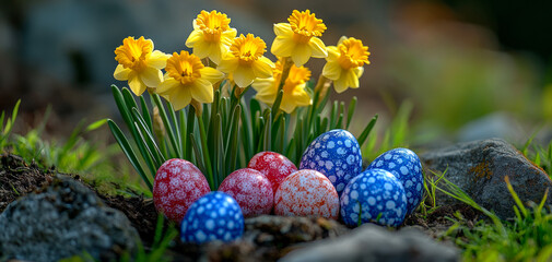 Wall Mural - A bunch of Easter eggs are scattered around a bunch of yellow flowers. The flowers are yellow and the eggs are blue and white. The scene is bright and cheerful, and it gives off a sense of springtime